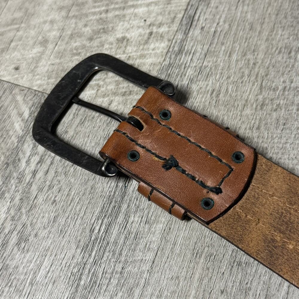 Vintage Brown Genuine Rugged Range Leather Wide Belt Contrast Stitching Thick - Picture 4 of 13